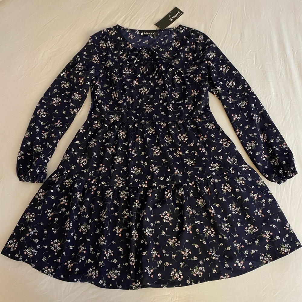 NWT Allegra K Navy Blue Floral Tie Front Long Sleeve A-Line Mini Dress